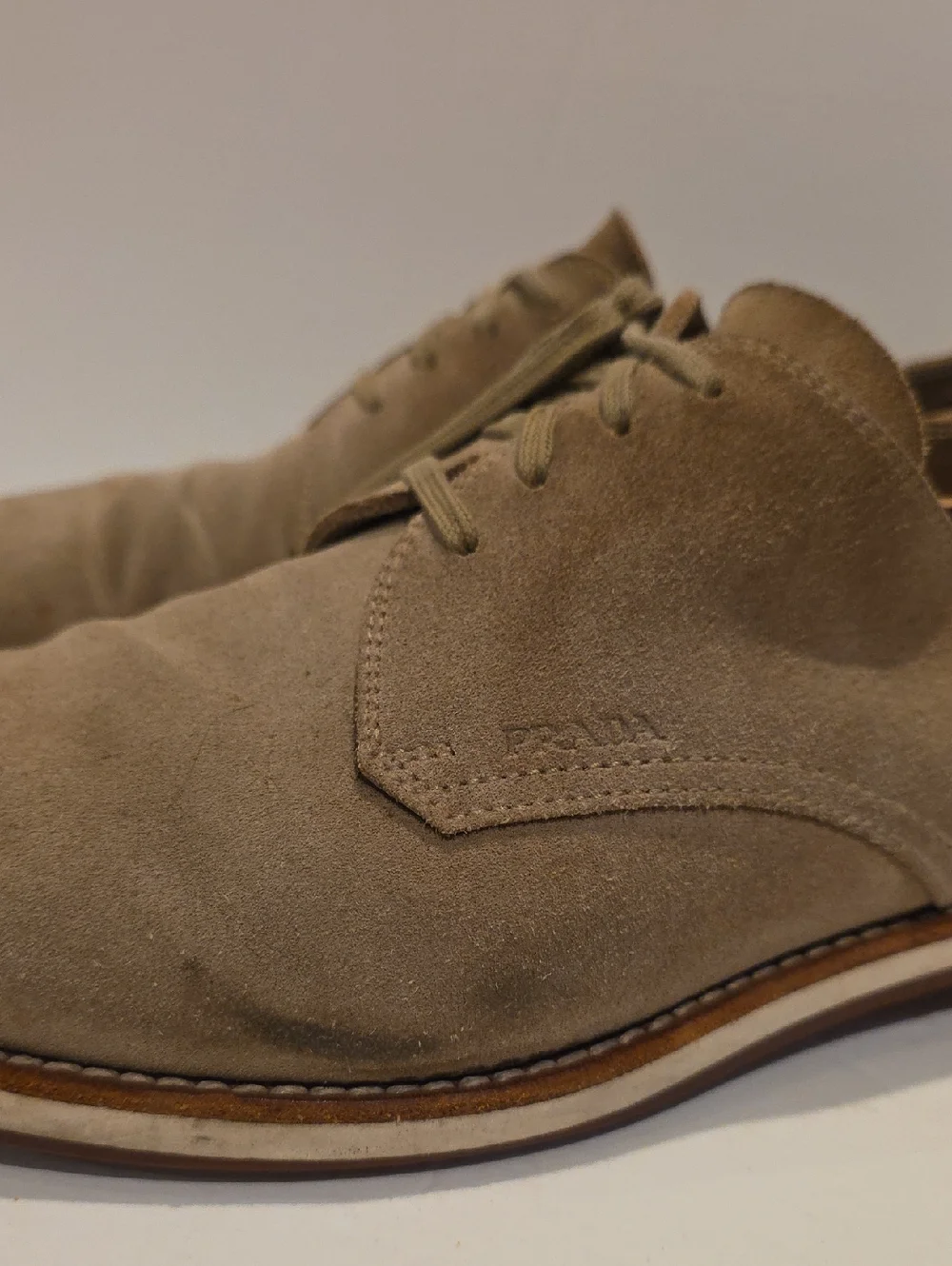 Prada Men's Suede Nubuck Buck Derby Shoes in Light Taupe Size 8